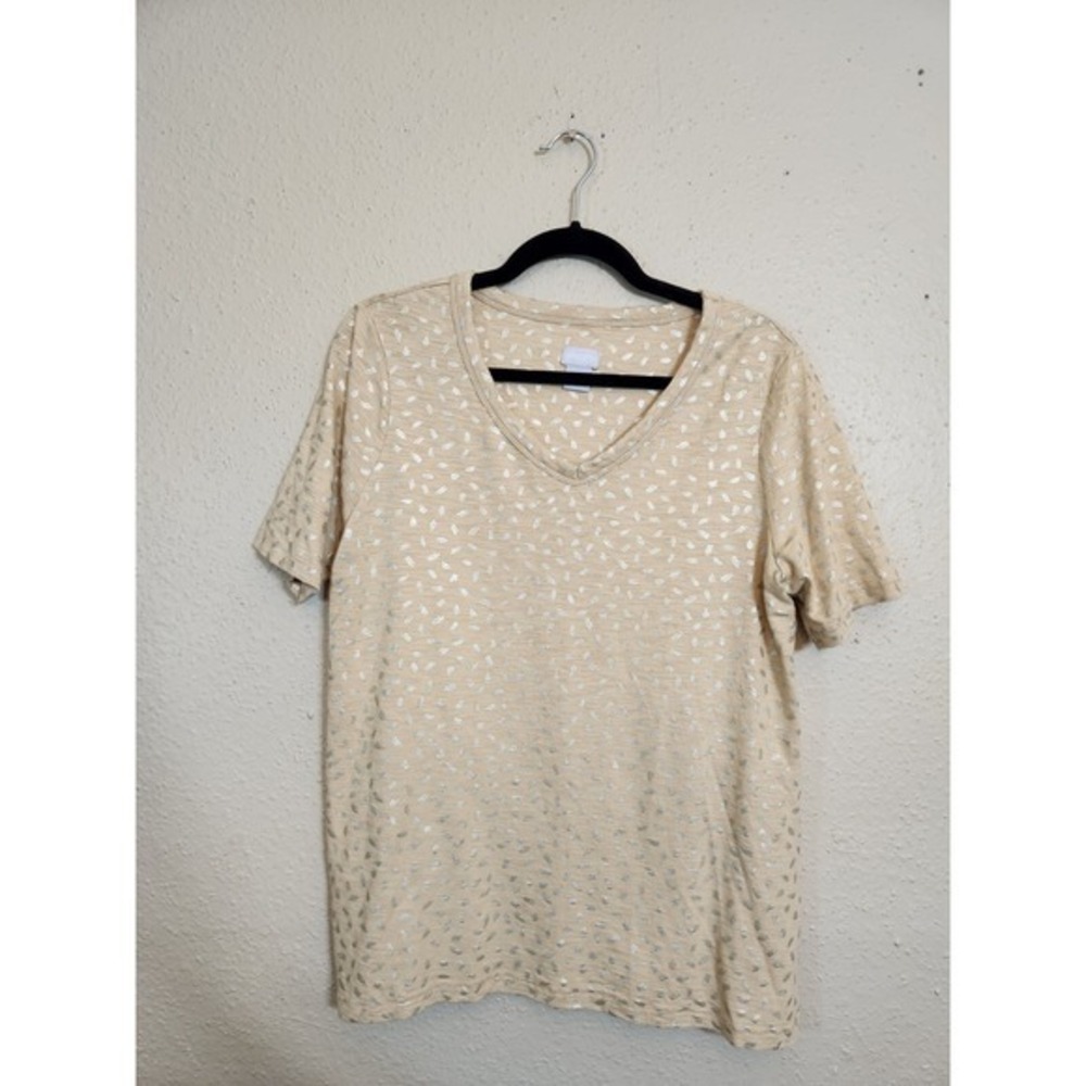 Chico's Women's Tan Printed Cotton V-Neck Short‎ Sleeve T-Shirt Size Medium